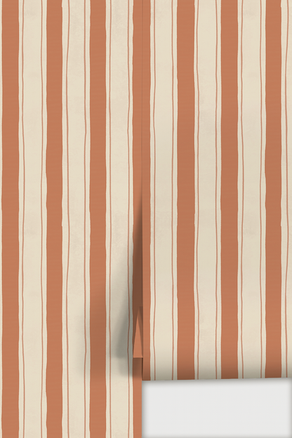 Riviera Stripe Wallpaper, off-white and terra cotta - Tampa Home & Garden Store