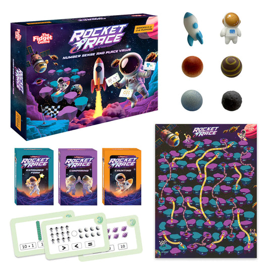Rocket Race by The Fidget Games with six planet spheres, two astronauts, and winding track board on Tampa Home & Garden Store