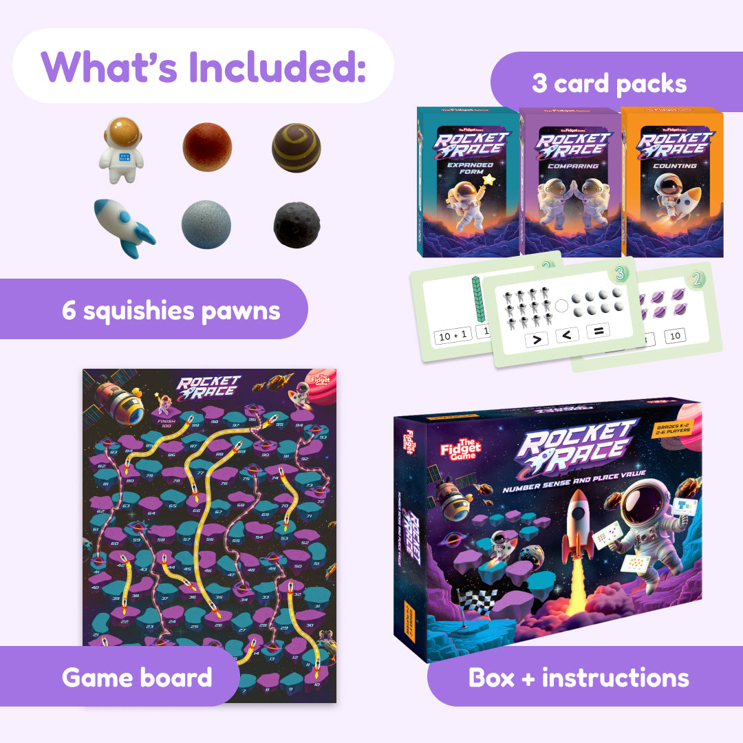 Rocket Race educational toy set by The Fidget Games with 6 squishies pawns and 3 card packs on Tampa Home & Garden Store