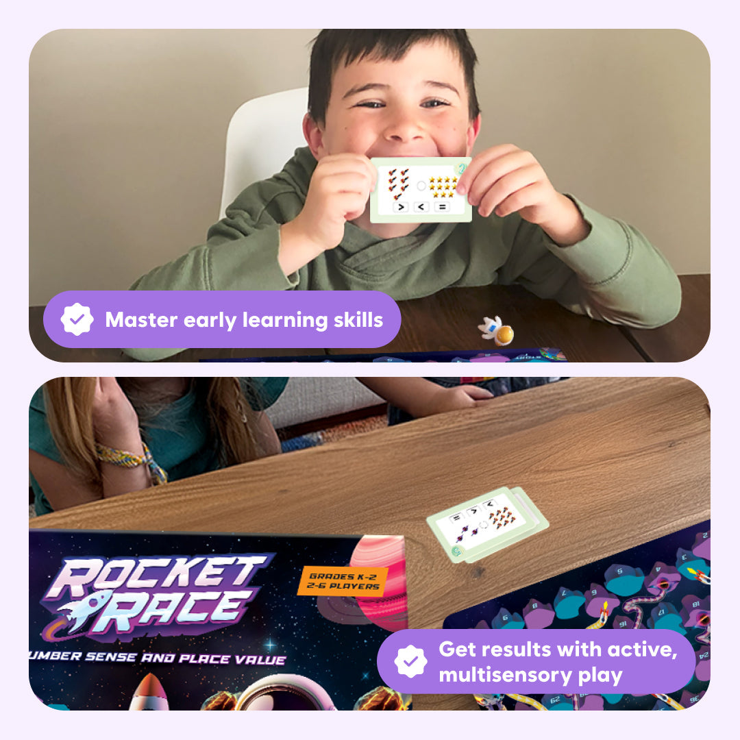 Rocket Race educational toy by The Fidget Games; child holds space-themed card beside the game box on Tampa Home & Garden Store