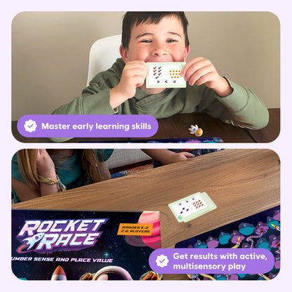 Rocket Race educational toy by The Fidget Games; child holds space-themed card beside the game box on Tampa Home & Garden Store