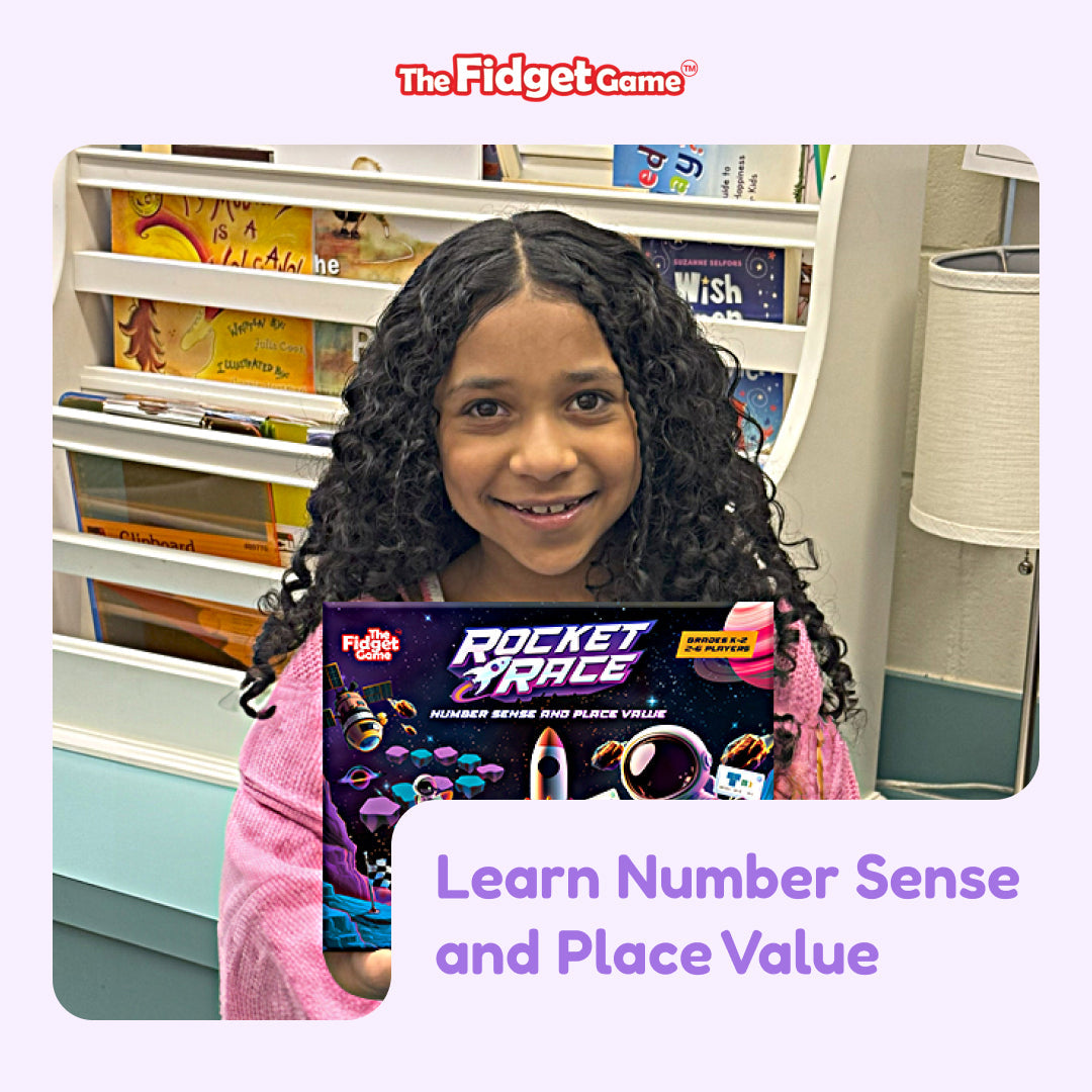 Rocket Race educational toy box held by a smiling girl with space-themed packaging The Fidget Games on Tampa Home & Garden Store