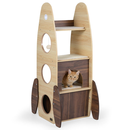Rocket Cat Tree 47 Inch Large Wooden Cat Tower for Indoor Cats-Natural - Tampa Home & Garden Store
