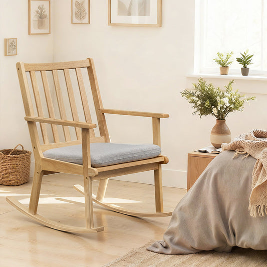 Rocking Chair with Cushion Solid Rubber Wood Rocker with Padded Seat-Natural - Tampa Home & Garden Store