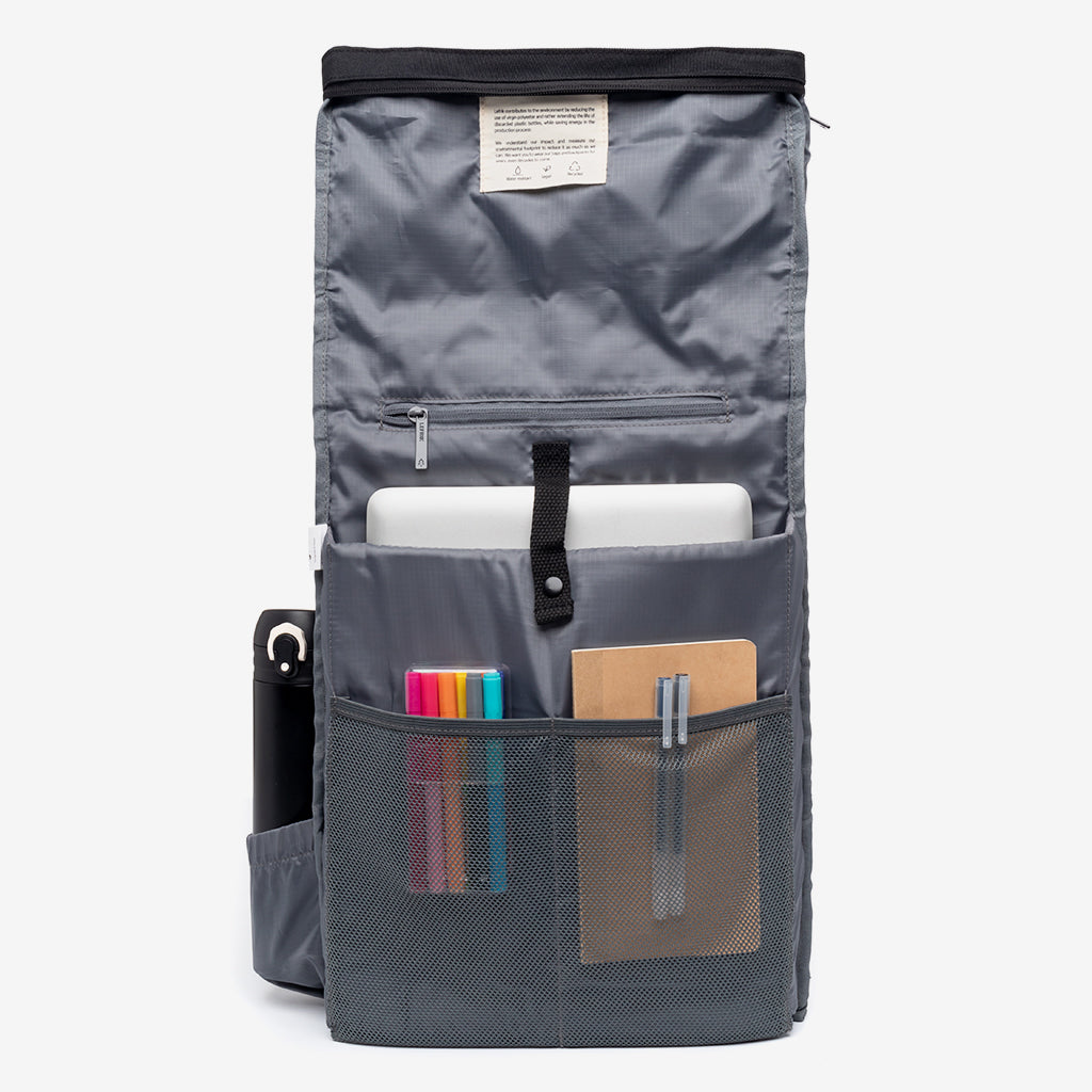 Lefrik USA Roll Backpack Black with Laptop Sleeve; Black backpack with front mesh pocket on Tampa Home & Garden Store