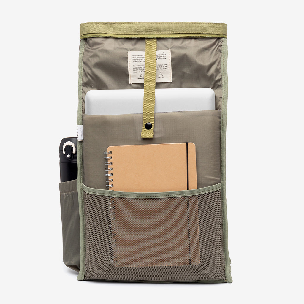 Roll Mini Backpack Cedar with Laptop Pocket by Lefrik USA, olive fabric with front mesh pocket on Tampa Home & Garden Store