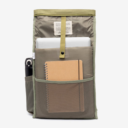 Roll Mini Backpack Cedar with Laptop Pocket by Lefrik USA, olive fabric with front mesh pocket on Tampa Home & Garden Store