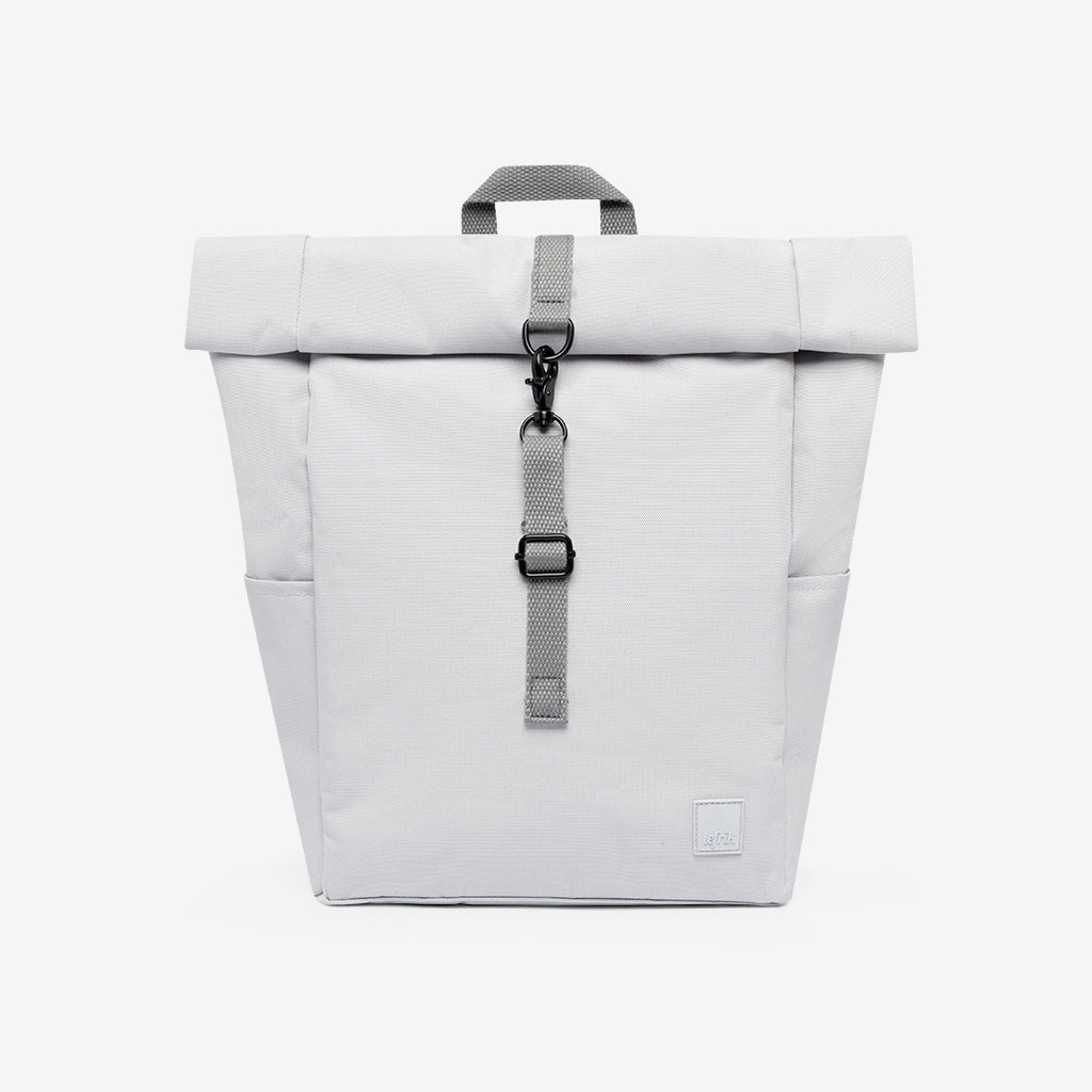 Roll Mini Backpack by Lefrik USA, light gray fabric, padded laptop sleeve, roll-top with buckle on Tampa Home & Garden Store