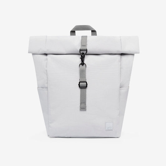 Roll Mini Backpack by Lefrik USA, light gray fabric, padded laptop sleeve, roll-top with buckle on Tampa Home & Garden Store