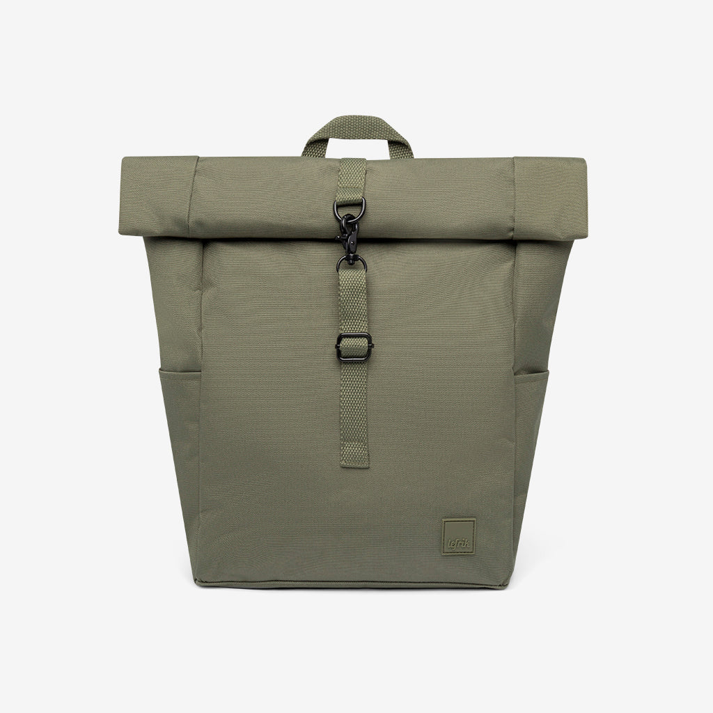 Roll Mini Olive Backpack with Laptop Sleeve by Lefrik USA, roll-top buckle and side pockets on Tampa Home & Garden Store