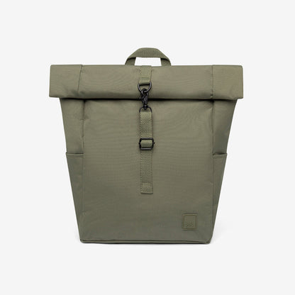 Roll Mini Olive Backpack with Laptop Sleeve by Lefrik USA, roll-top buckle and side pockets on Tampa Home & Garden Store