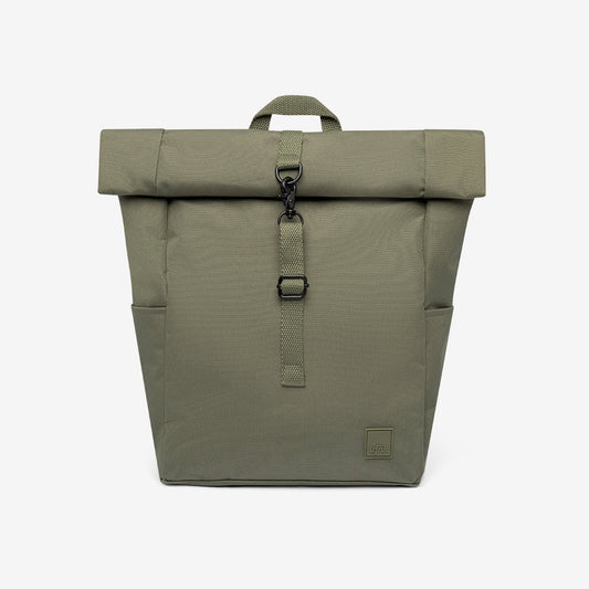 Roll Mini Olive Backpack with Laptop Sleeve by Lefrik USA, roll-top buckle and side pockets on Tampa Home & Garden Store