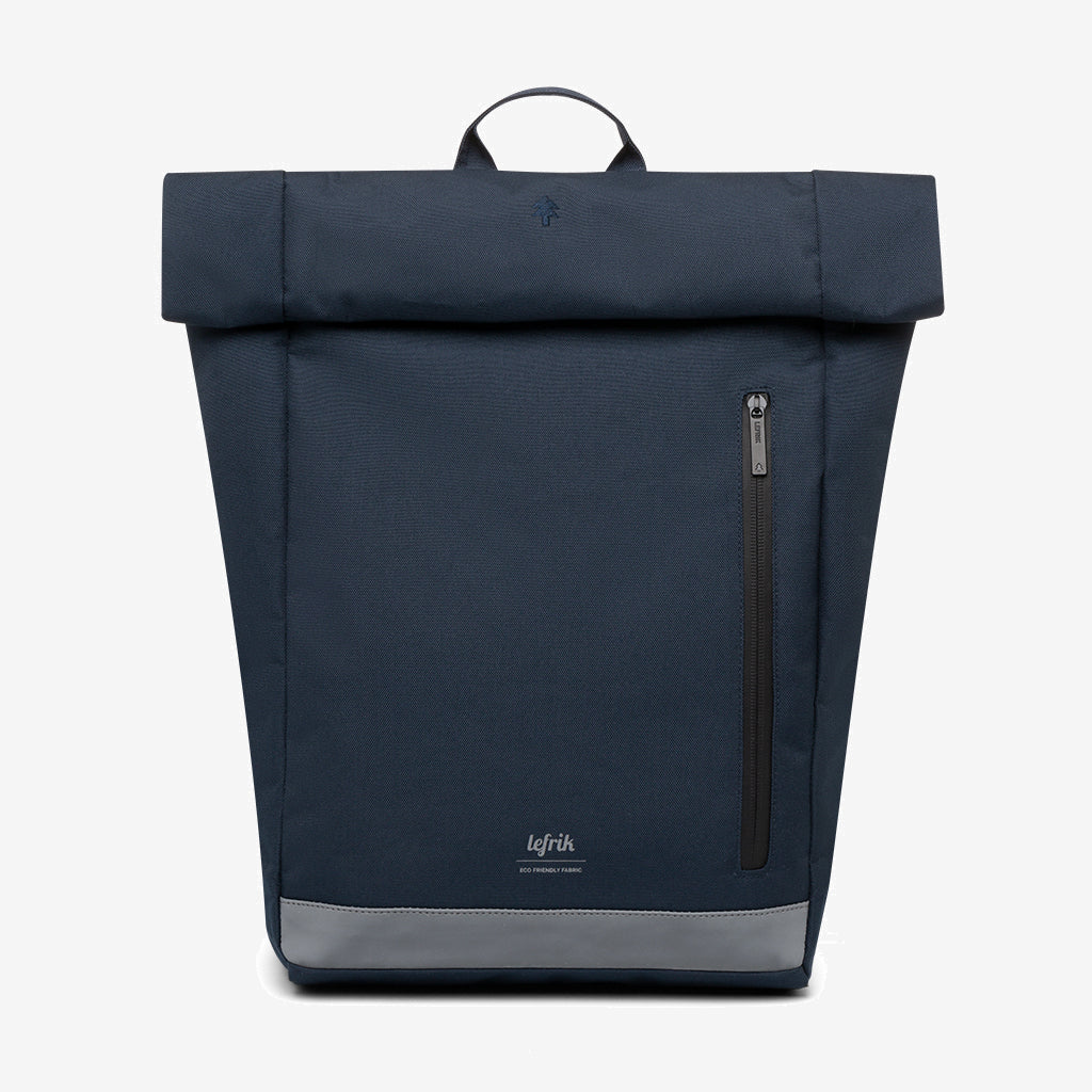 Roll Reflective Backpack Navy Lefrik USA with roll closure and vertical front zip pocket on Tampa Home & Garden Store