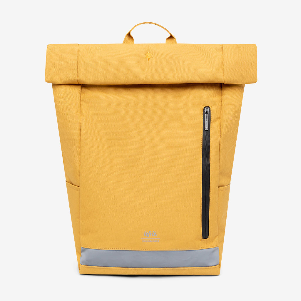 Roll-top backpack mustard by Lefrik USA with reflective bottom and vertical front zip pocket on Tampa Home & Garden Store