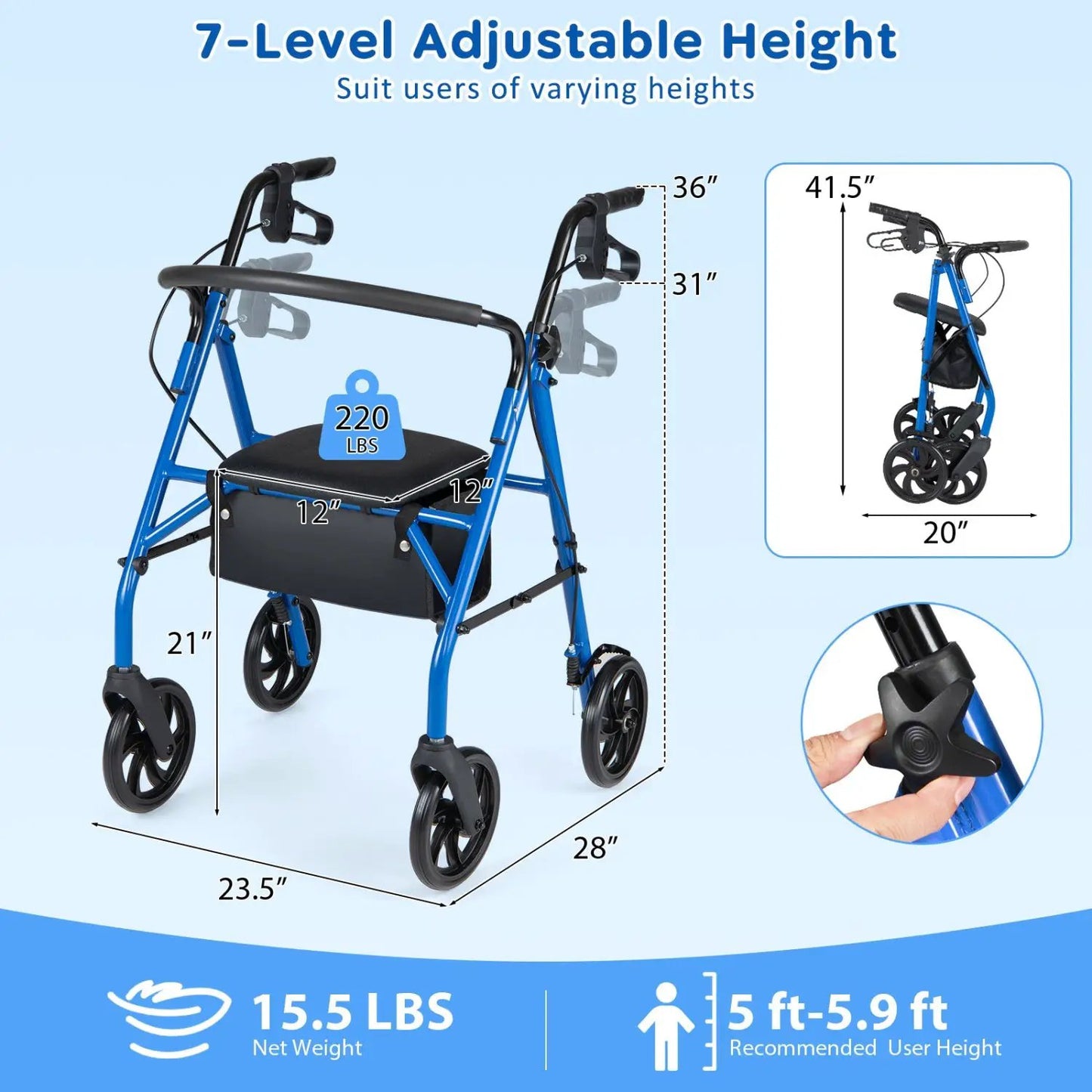 Rollator Walker with Seat and Adjustable Handles