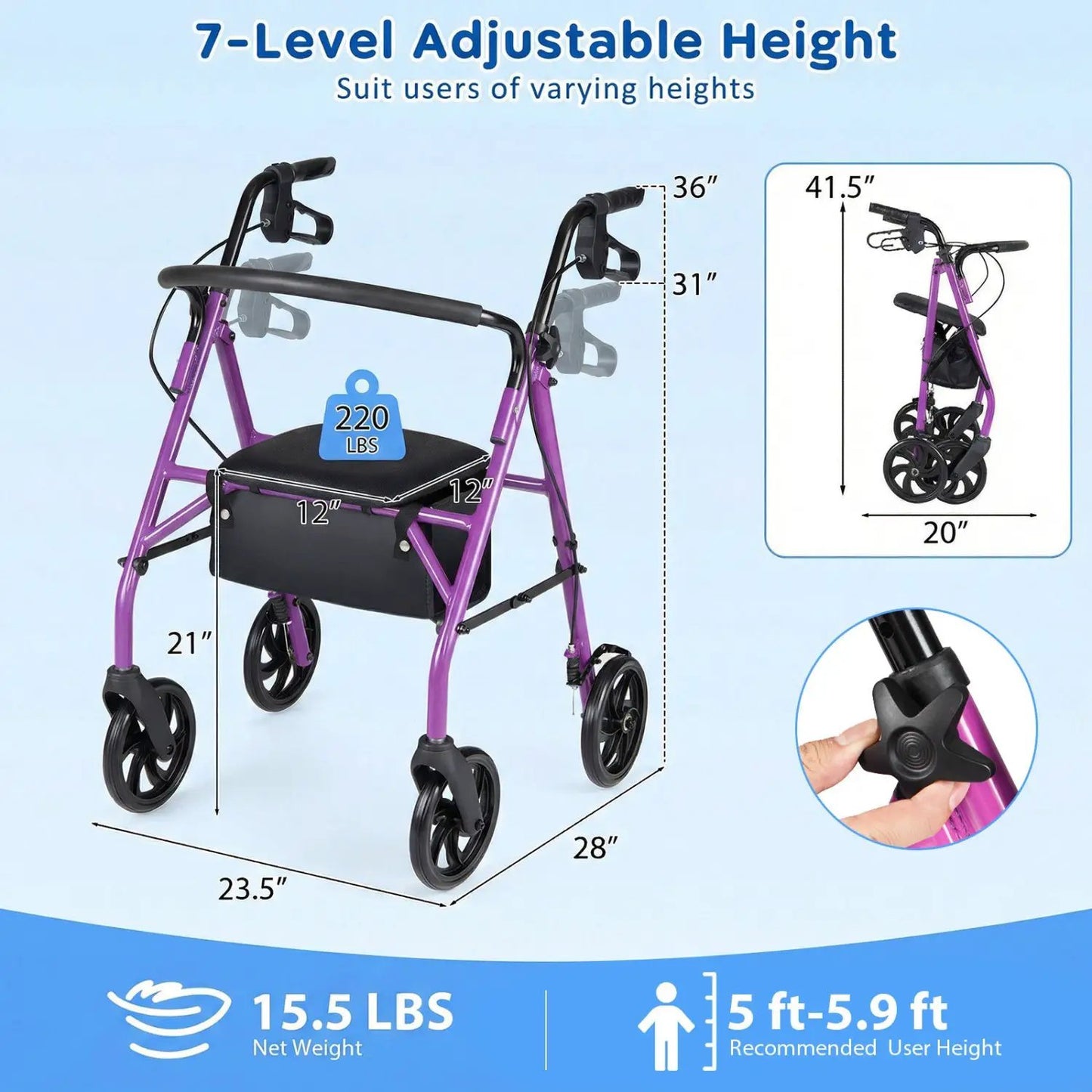 Rollator Walker with Seat and Adjustable Handles