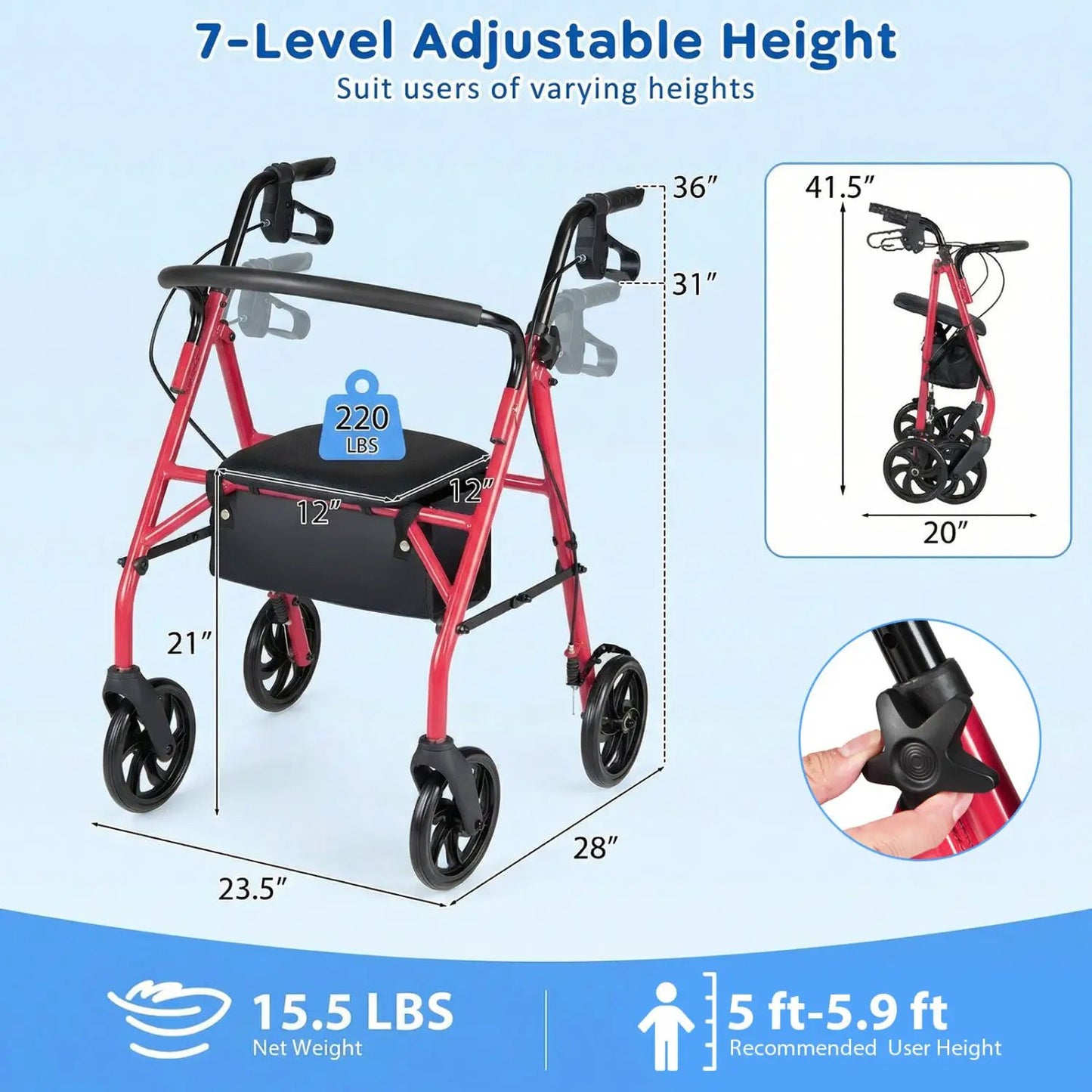 Rollator Walker with Seat and Adjustable Handles