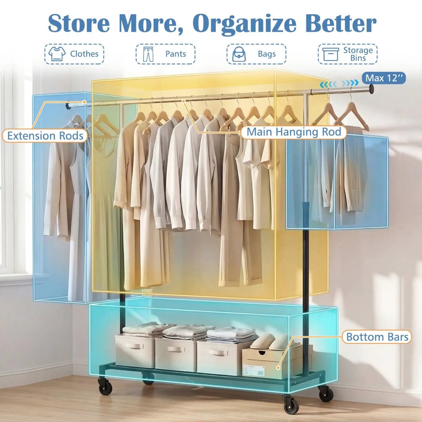 Rolling Clothes Rack Extendable Garment Stand