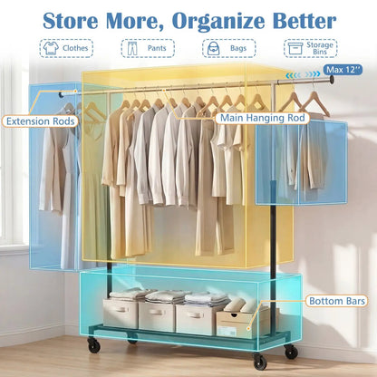 Rolling Clothes Rack Extendable Garment Stand