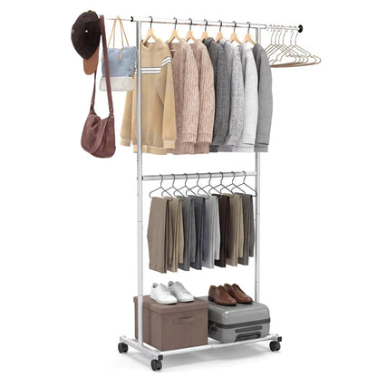 Rolling Clothes Rack Double Rods and Wheels