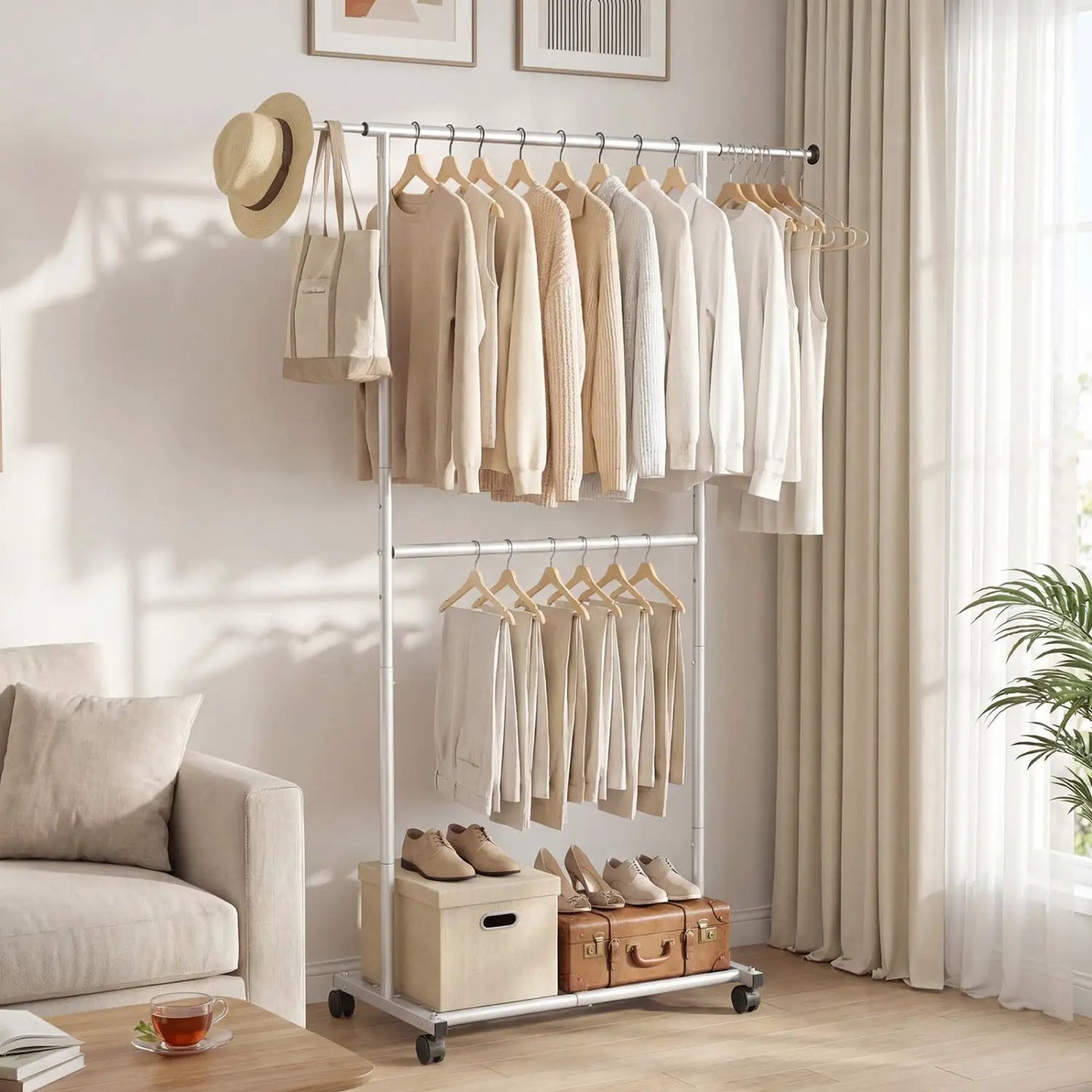 Rolling Clothes Rack Double Rods and Wheels