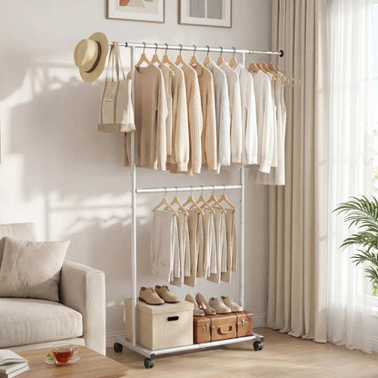 Rolling Clothes Rack Double Rods and Wheels