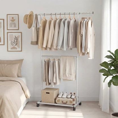 Rolling Clothes Rack Double Rods and Wheels