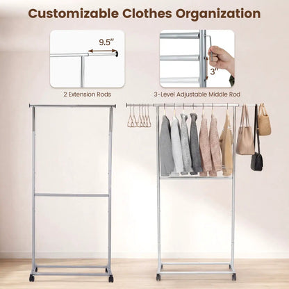 Rolling Clothes Rack Double Rods and Wheels