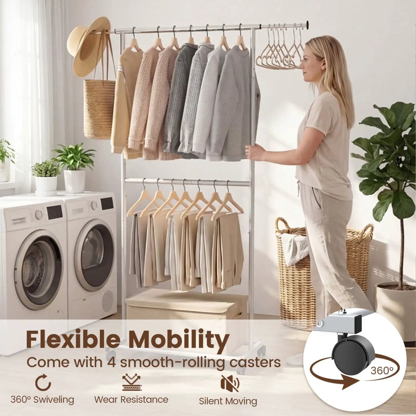 Rolling Clothes Rack Double Rods and Wheels