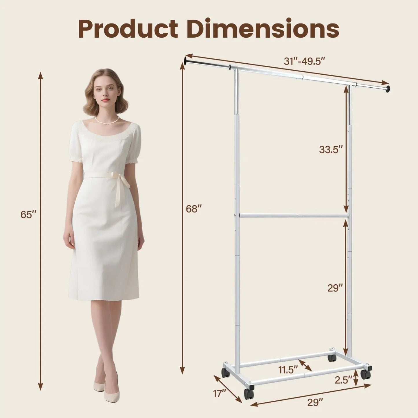 Rolling Clothes Rack Double Rods and Wheels