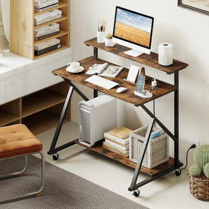 Rolling Computer Desk with Charging Station and Monitor Shelf Storage for Home Office
