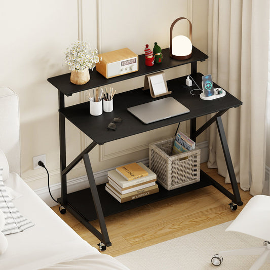 Rolling Computer Desk with Charging Station and Monitor Shelf Storage for Home Office - Tampa Home & Garden Store