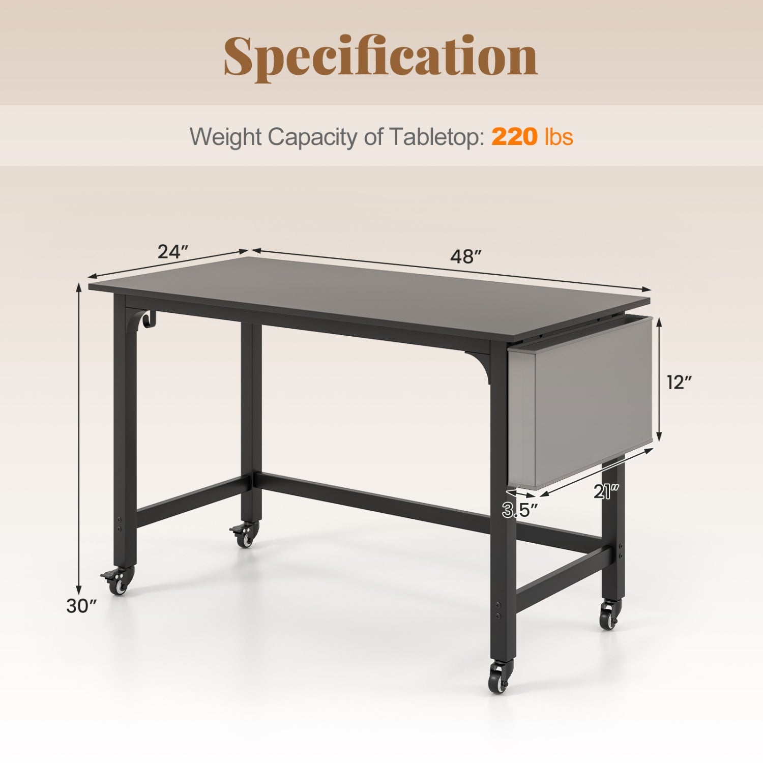 Rolling computer desk 48x24 with lockable wheels, DirectDeals, black steel frame on Tampa Home & Garden Store