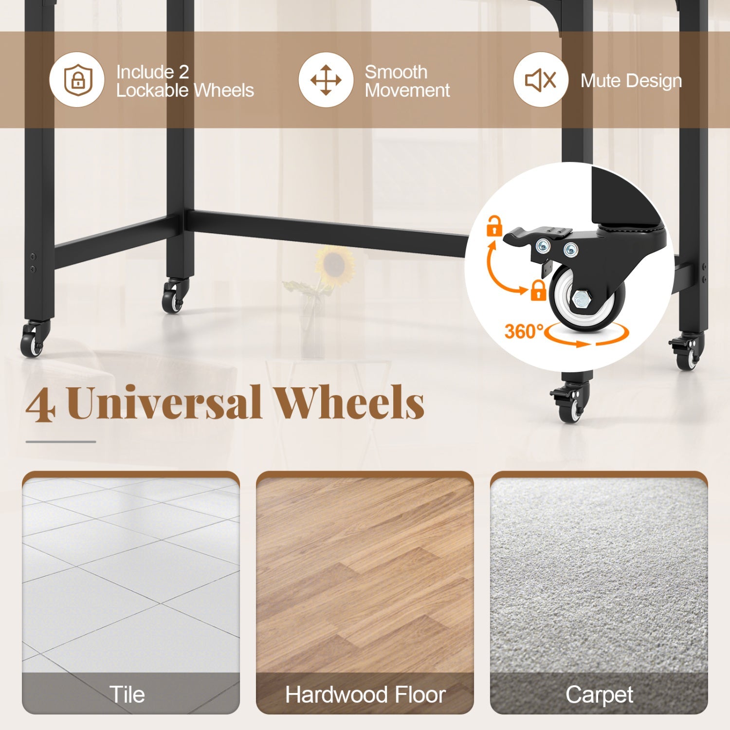 Rolling Computer Desk 48x24 by DirectDeals, 4 universal wheels and 2 lockable wheels, black on Tampa Home & Garden Store
