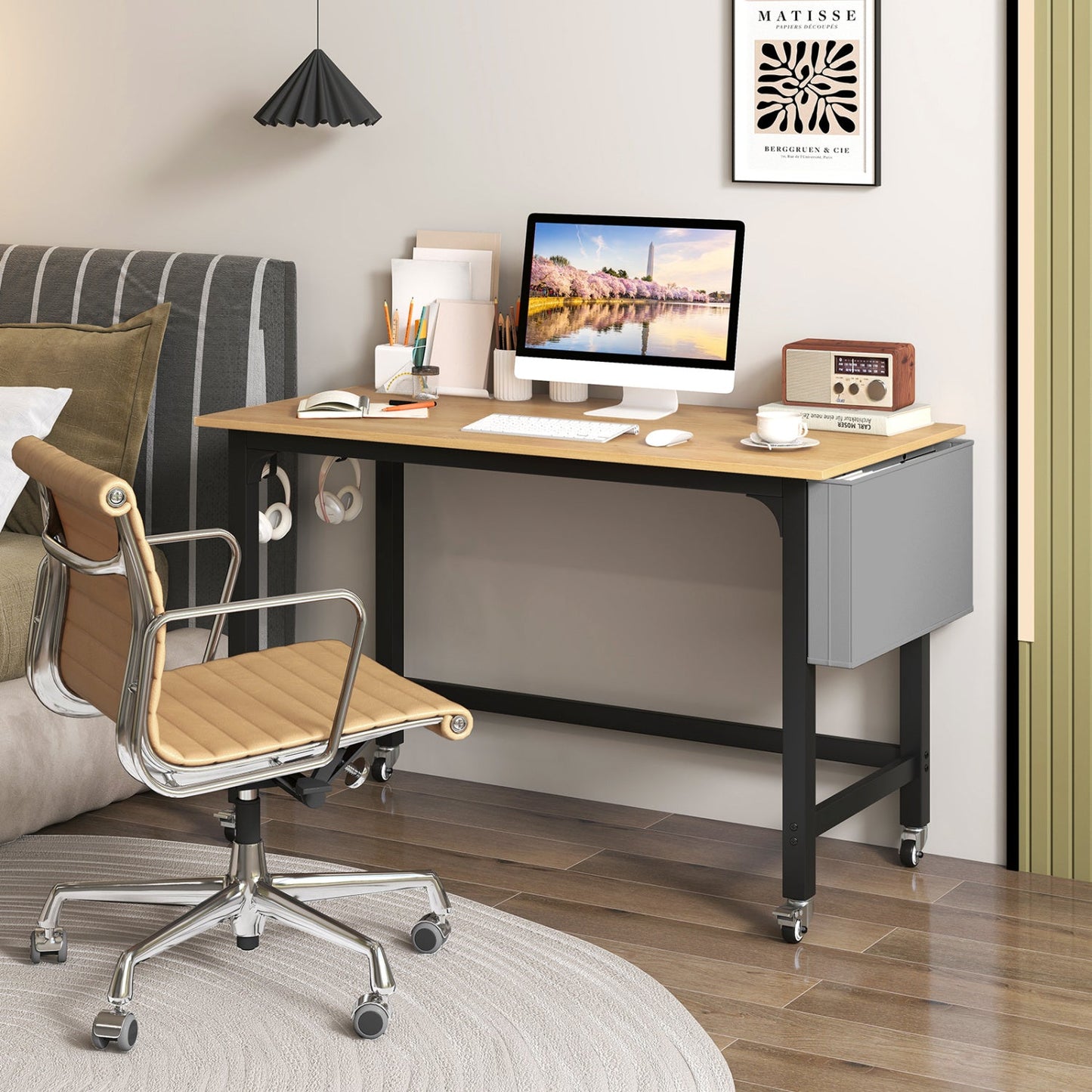 Rolling computer desk 48x24 DirectDeals with lockable wheels, wood top, black frame on Tampa Home & Garden Store