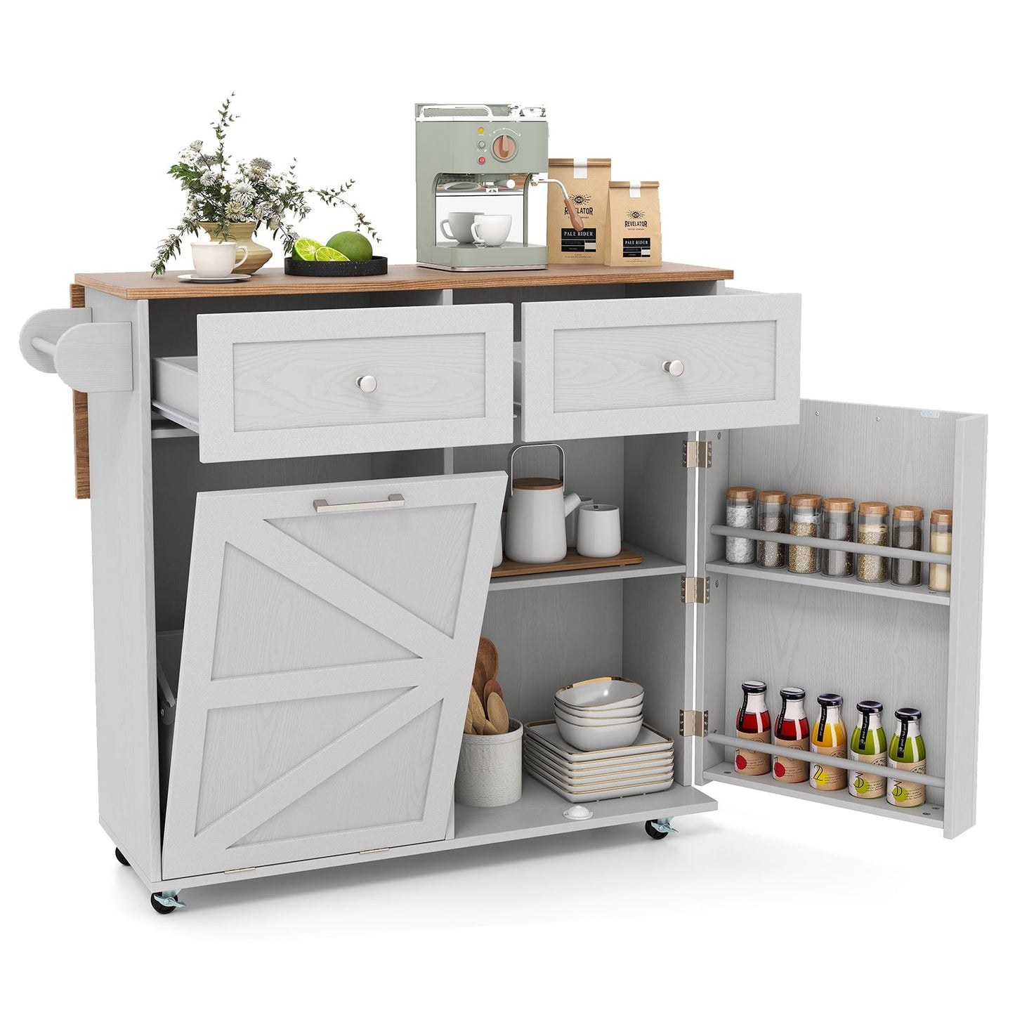 Rolling Kitchen Island with Trash Can Cabinet and Rubber Universal Wheels-Black