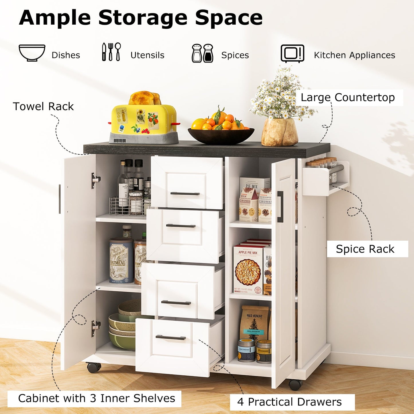 Carro de cocina rodante con ruedas y gabinetes de almacenamiento - Blanco