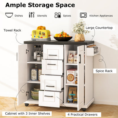 Carro de cocina rodante con ruedas y gabinetes de almacenamiento - Blanco