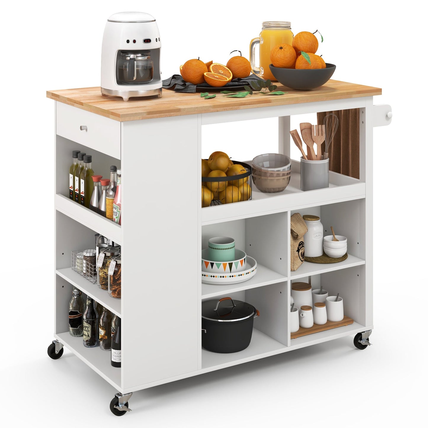 Carro de cocina con ruedas, estantes abiertos y cajón - Blanco
