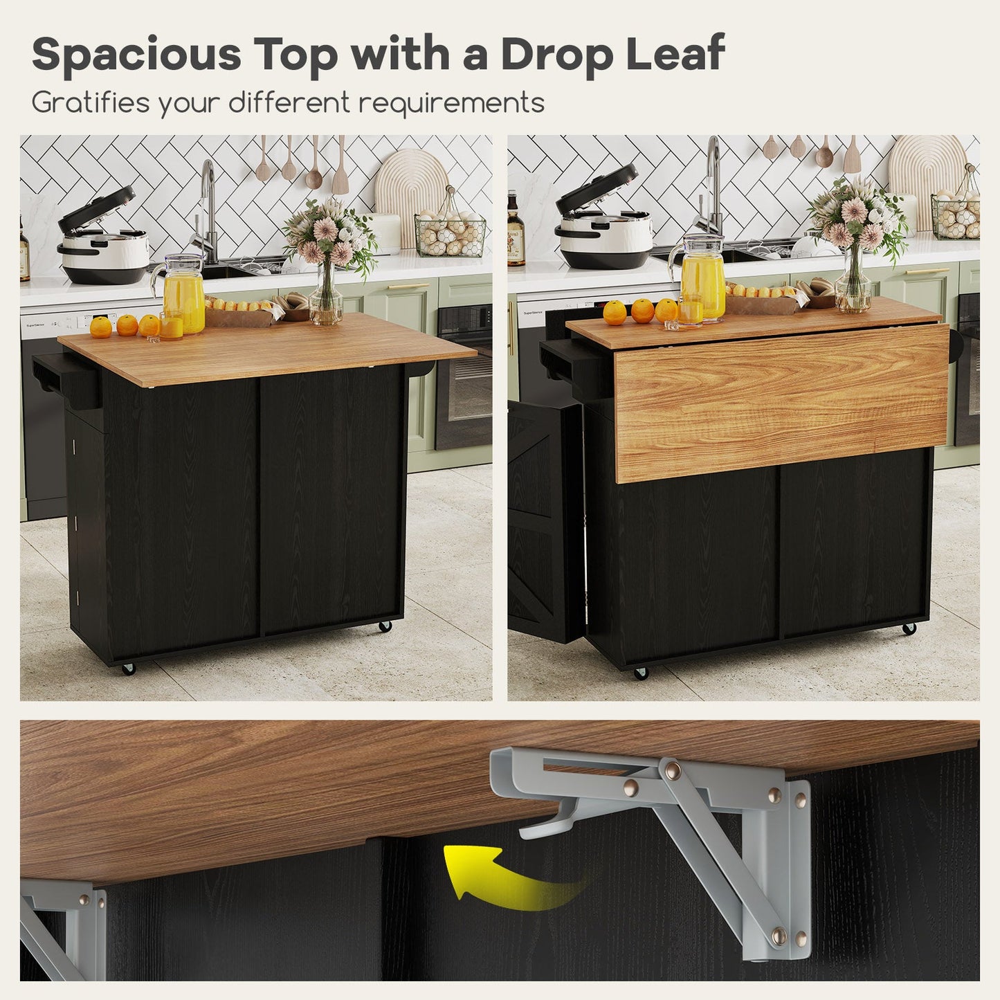 Rolling Kitchen Island with Trash Can Cabinet and Rubber Universal Wheels-Black