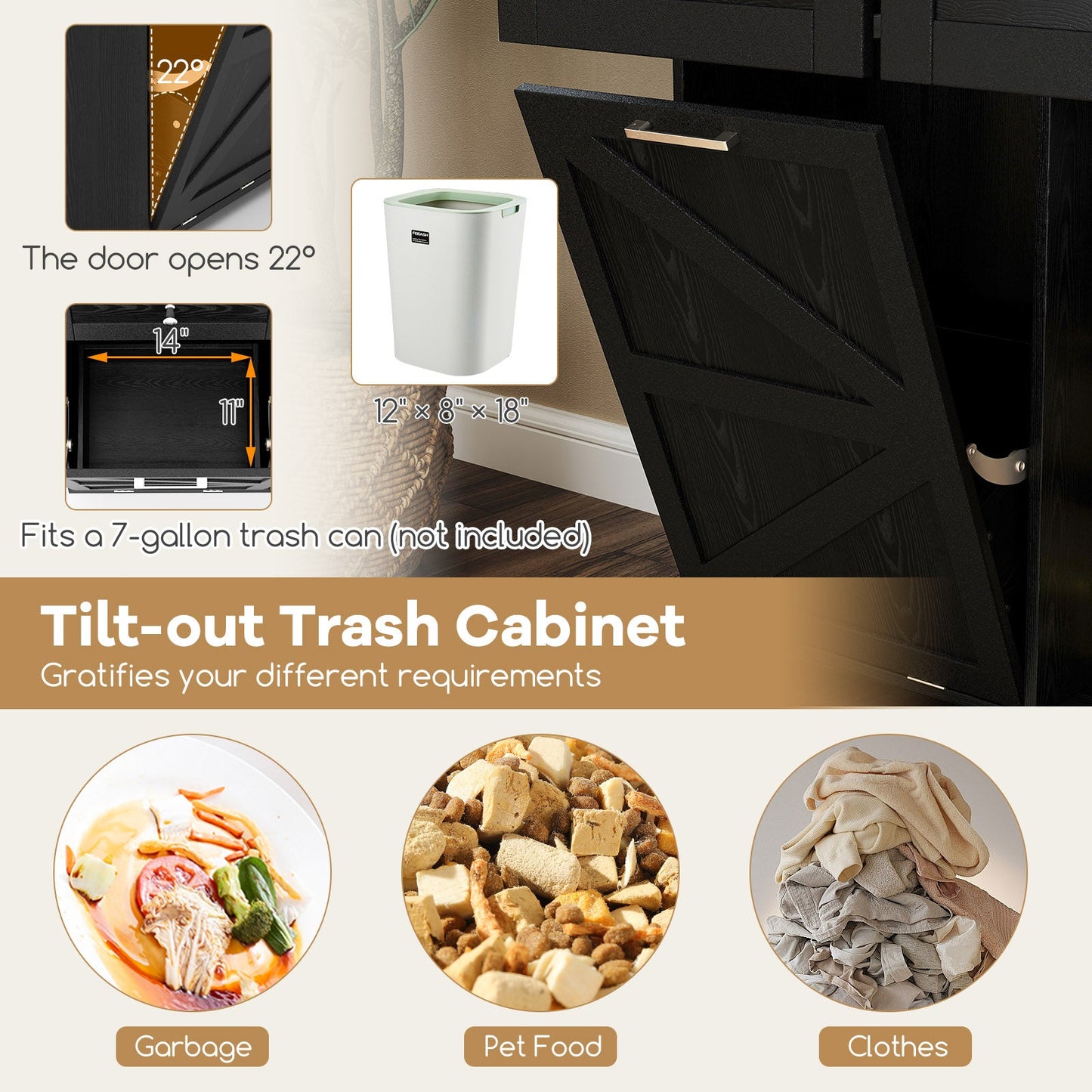 Rolling Kitchen Island with Trash Can Cabinet and Rubber Universal Wheels-Black