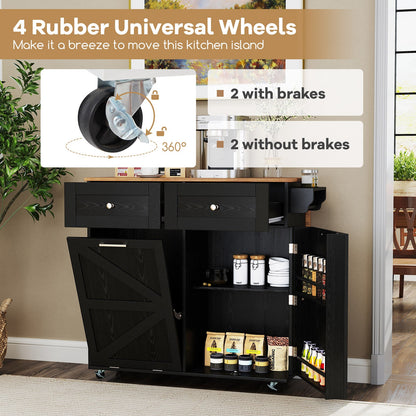 Rolling Kitchen Island with Trash Can Cabinet and Rubber Universal Wheels-Black