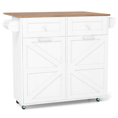 Rolling Kitchen Island with Trash Can Cabinet and Rubber Universal Wheels-Black