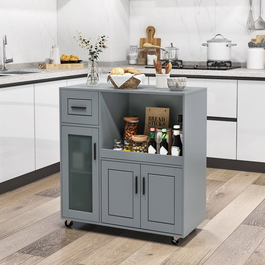 Rolling Kitchen Island with Wheels Drawer and Glass Door Cabinet-Gray - Tampa Home & Garden Store
