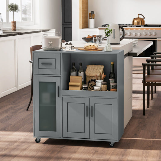 Rolling Kitchen Island with Wheels Drawer and Glass Door Cabinet-Gray - Tampa Home & Garden Store
