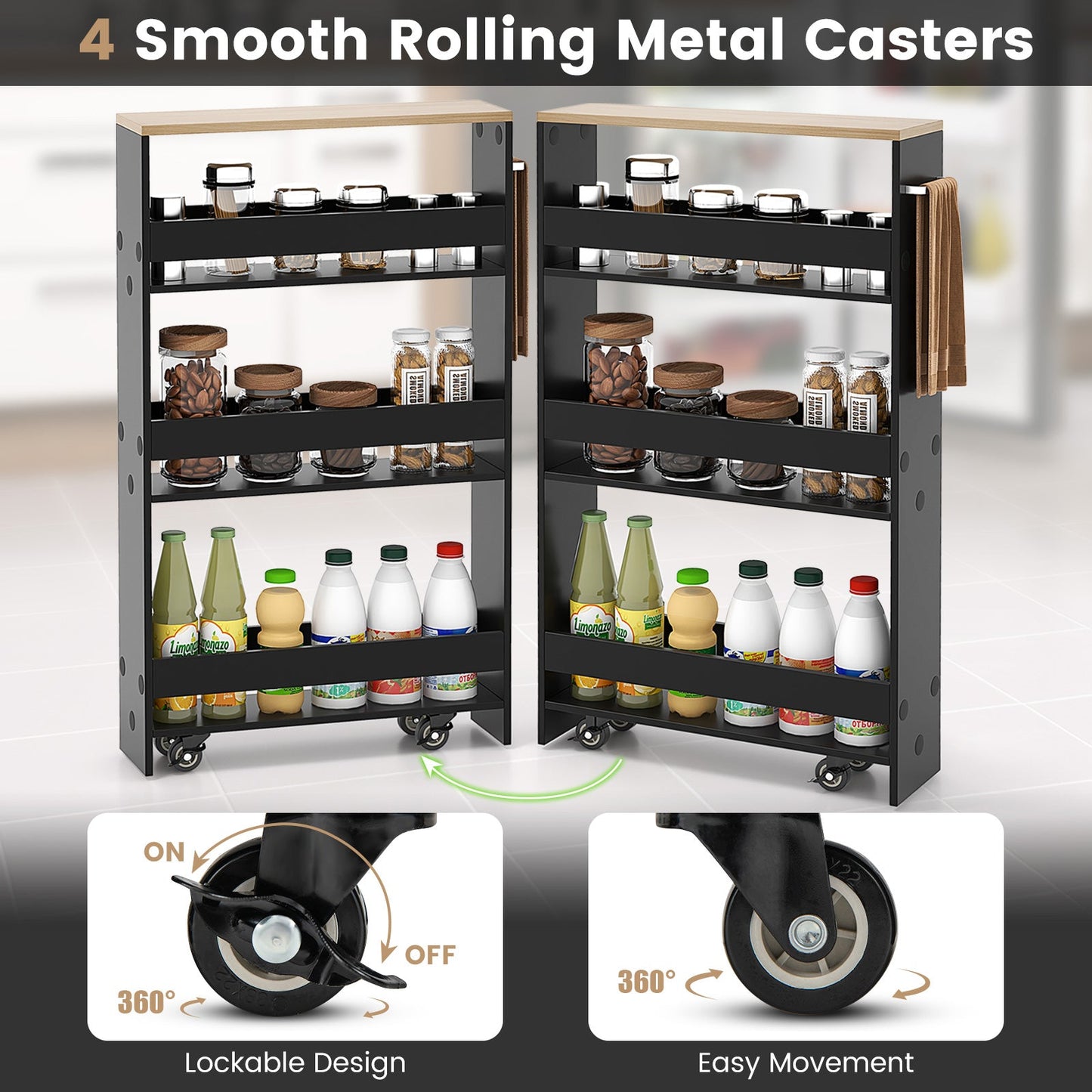 Rolling Kitchen Slim Storage Cart Mobile Shelving Organizer with Handle-Black