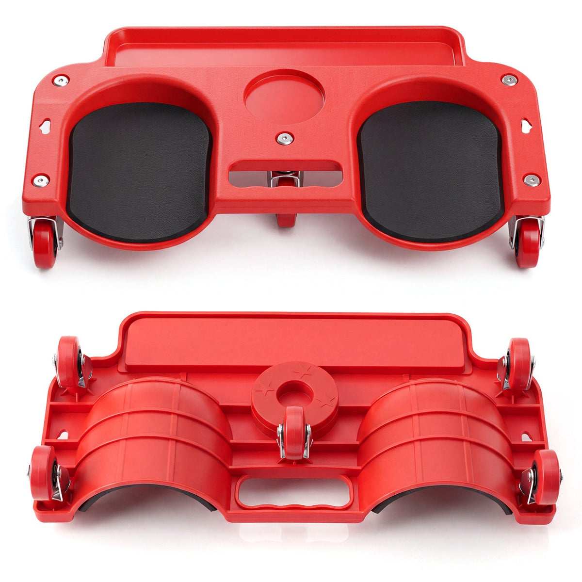 Rolling knee creeper in red with black padded rests, 360° swivel casters and built-in tool trays on Tampa Home & Garden Store