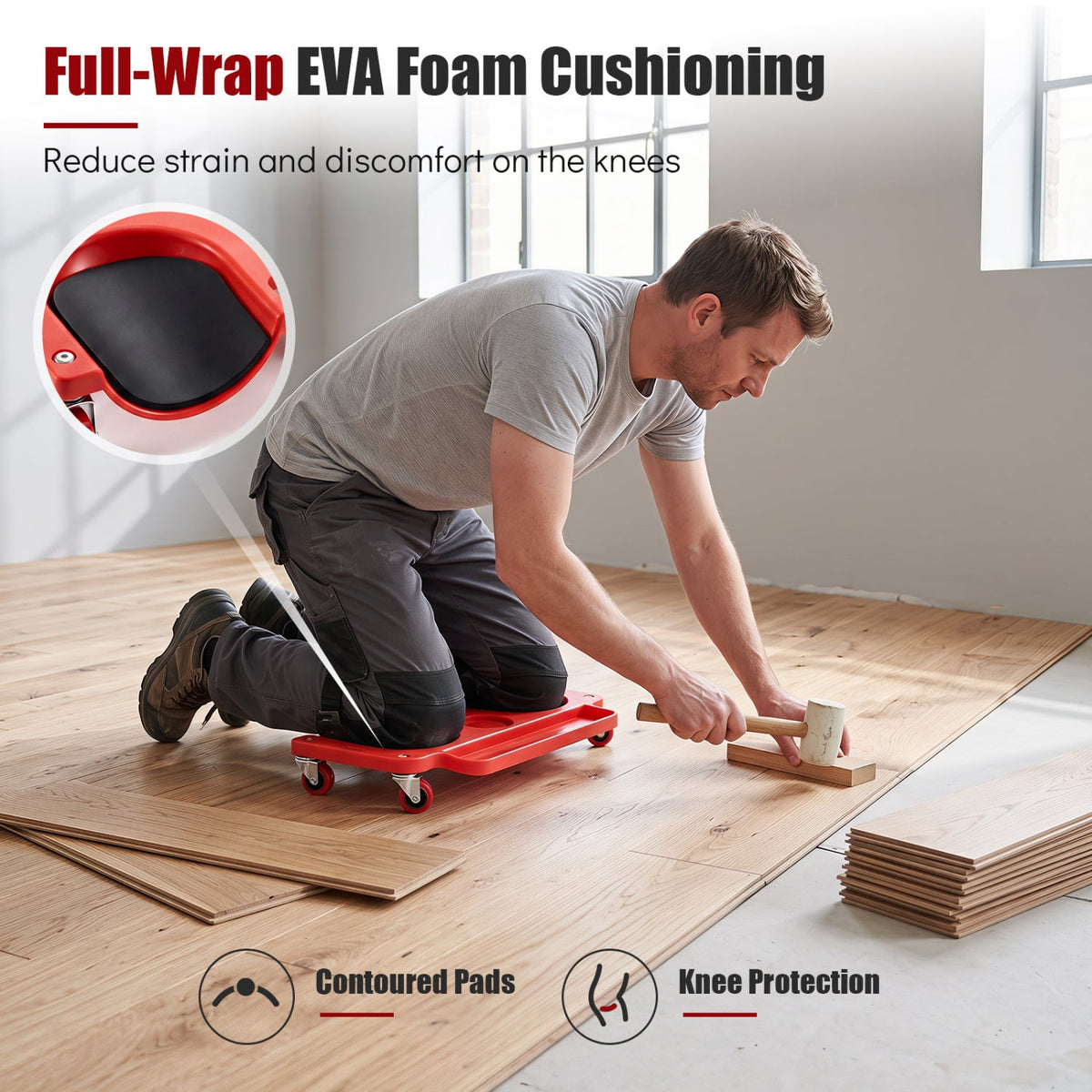 Rolling Knee Creeper DirectDeals with 360° swivel casters and tool trays, red chassis on Tampa Home & Garden Store