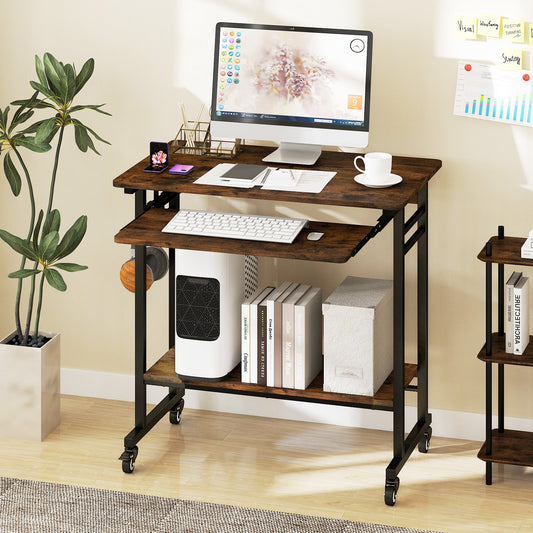 Rolling Laptop Table with Pull-out Keyboard Tray and Hooks-Rustic Brown - Tampa Home & Garden Store