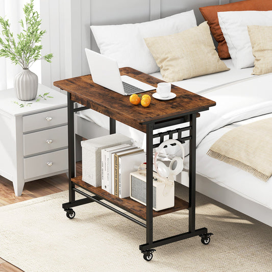 Rolling Laptop Table with Pull-out Keyboard Tray and Hooks-Rustic Brown - Tampa Home & Garden Store